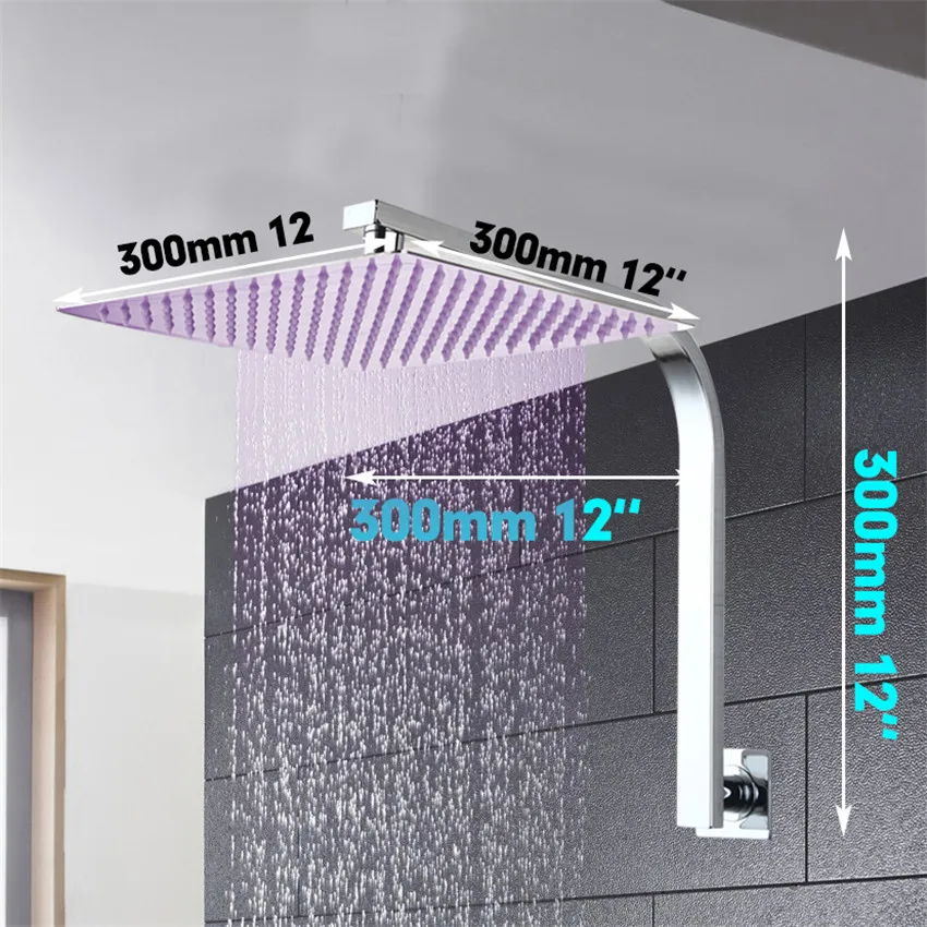 

YANKSMART Shower Head 3 Colors LED Luxury Square Rain 12" Shower Head Wall Mounted Shower-set Rainfall Shower Set