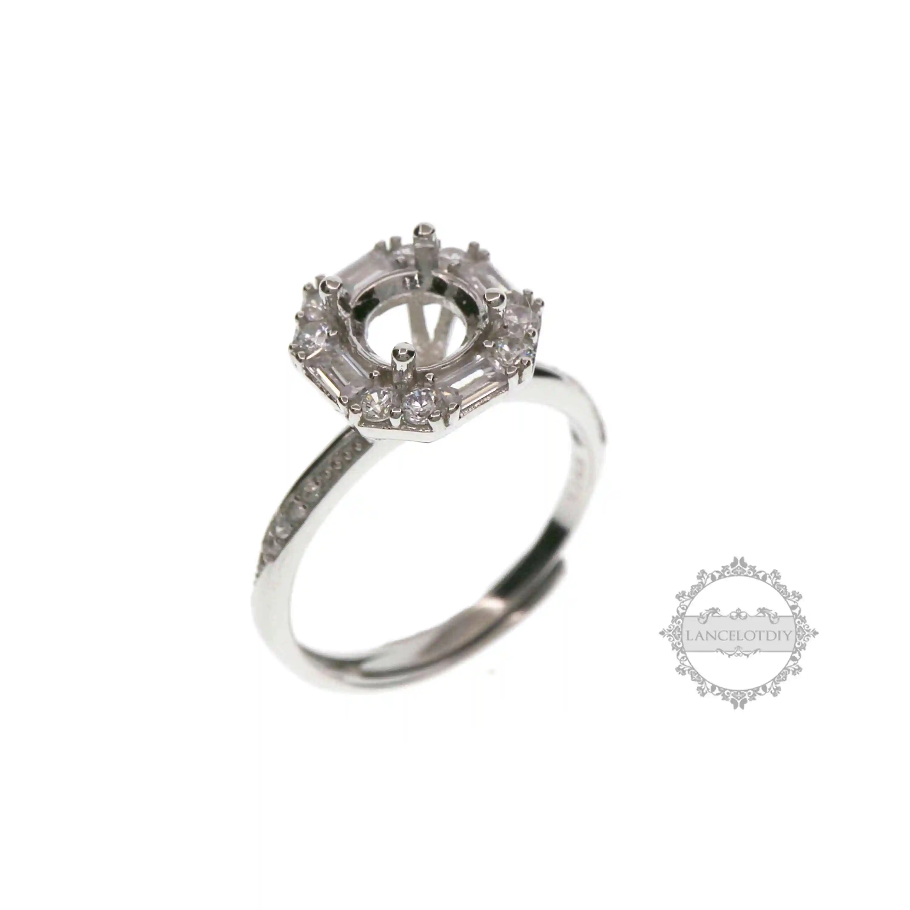 

6.5MM round Gems CZ stone prong setting solid 925 sterling silver bezel tray DIY adjustable ring settings 1214018
