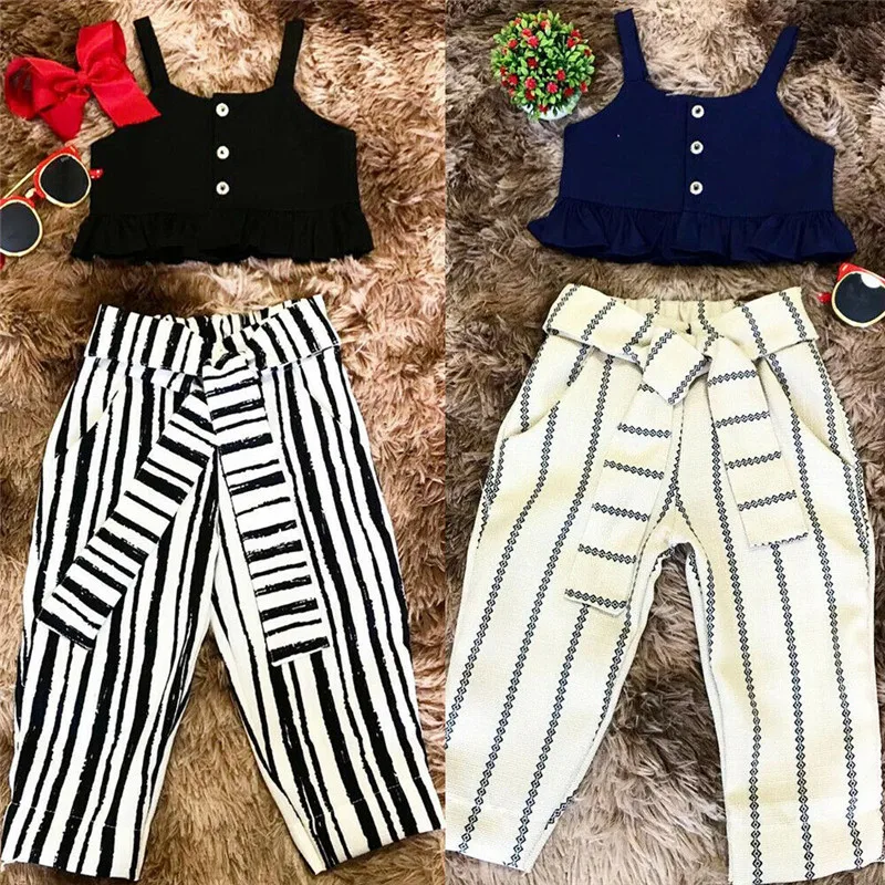 Летний модный комплект детской одежды из 2 предметов для девочек короткий топ на