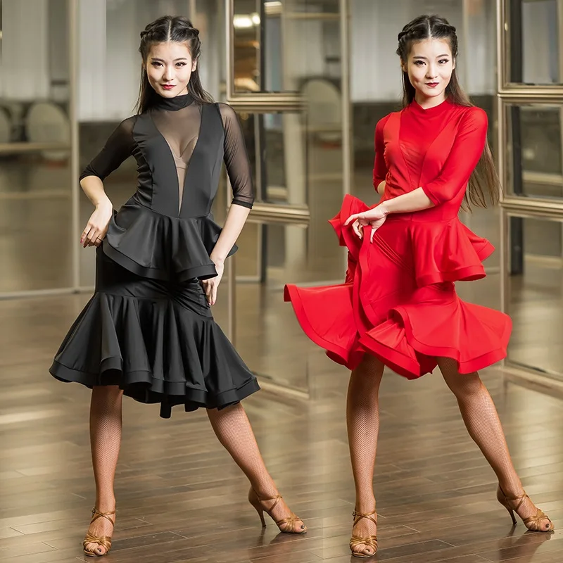 Красное платье для латинских танцев с бахромой женское латиноамериканских
