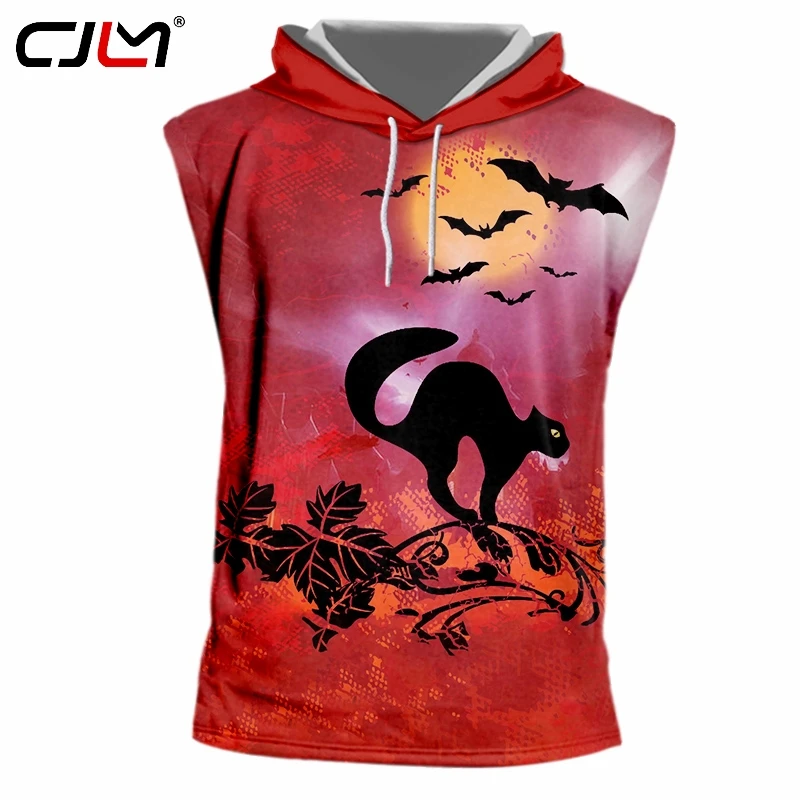 

CJLM Happy Halloween Theme Cartoon Cat And Bat Men's Hooded Tank Top 3D Printed Animal Vest Polyester High Quality TankTop