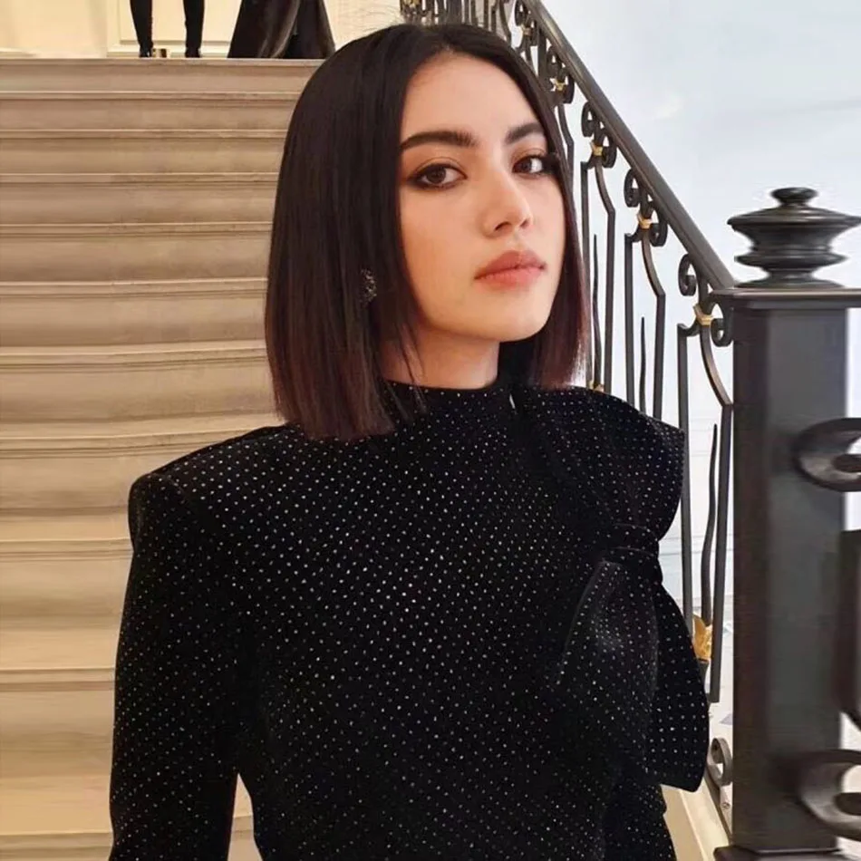 Женское мини-платье в горошек вельветовое платье с высоким воротником и длинным