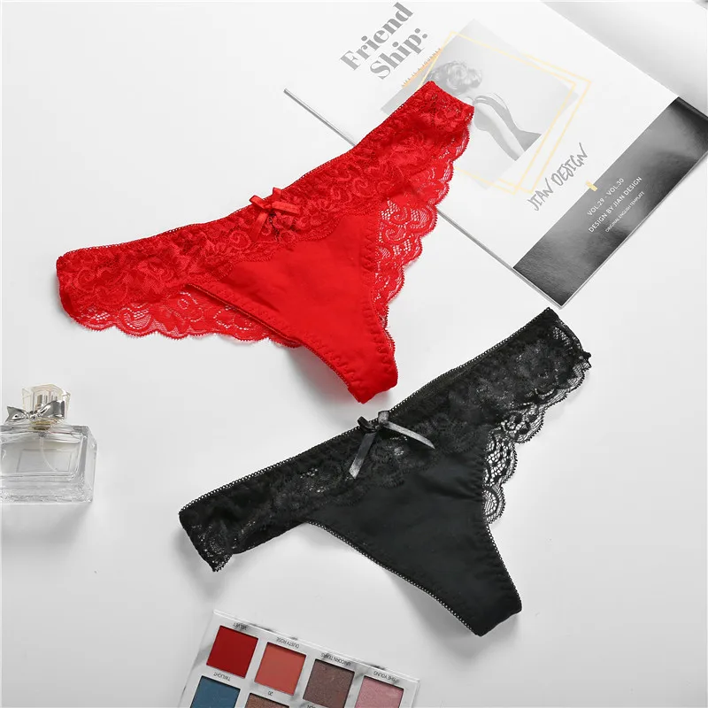 Red and Black Модные сексуальные кружевные трусики для женщин и девушек, женские мягкие трусики-стринги с низкой талией, трусики с бантиком, Размеры s m l xl XXL, Комплект трусов - Цвет: Red and Black