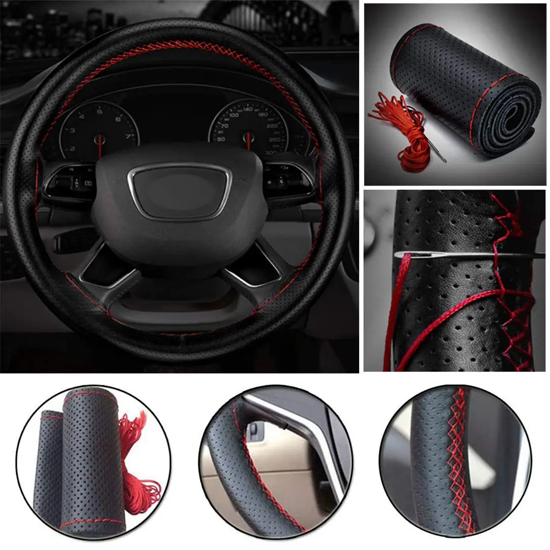 

37cm/38CM New Upgrade DIY Steering Wheel Covers soft Leather braid on the steering-wheel of Car With Needle Thread Interior