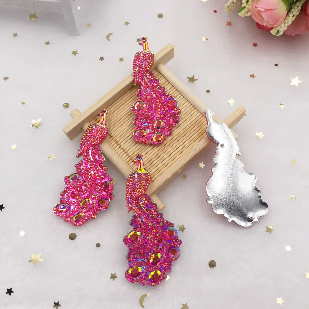 Rose red Новинка, 5 шт., AB, резина, 3D, блестящие, красивые, павлин, с плоской задней стороной, стразы, скрапбук, сделай сам, для свадьбы, 2 отверстия, украшения, изготовление ювелирных изделий, PW27 - Цвет: Rose red
