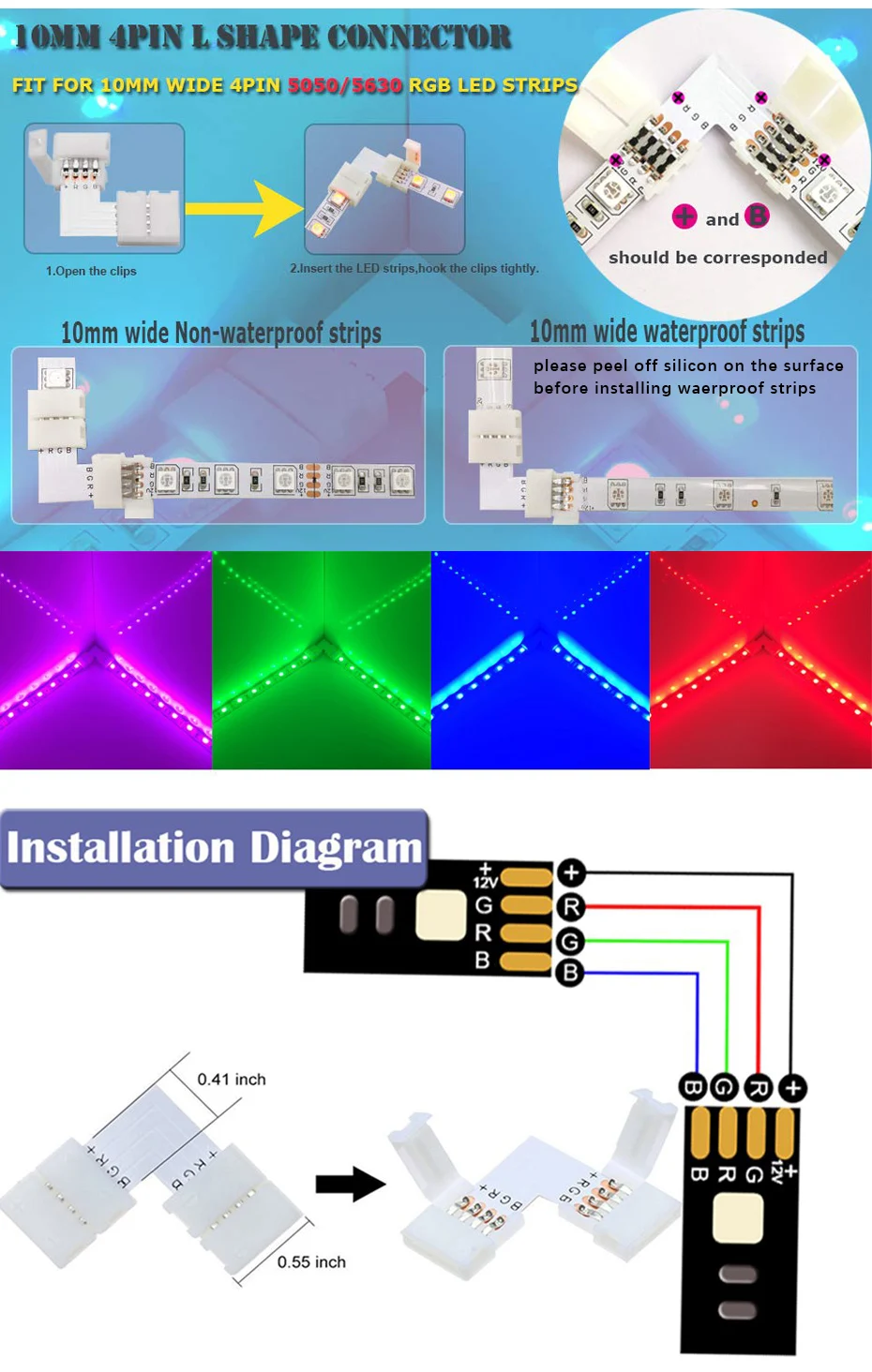 10 мм rgb светодиодные ленты 3 шт. 4 Pin L форма solderless разъем и 3 шт. провод без пайки 4 Pin 10 мм широкая полоса для полосы перемычки