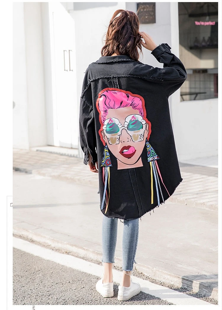 Boyfriend Casual Denim Jacket Woman Loose Coat Vintage Pattern Korea Print Windbreaker Chaqueta Mujer Harajuku Befree Vadim - Цвет: Black