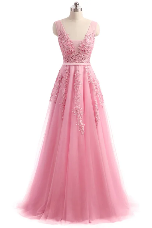 as pic Vestidos de festa вечернее платье Robe De Soiree v-образный вырез с кружевной аппликацией Длинные вечерние платья из тюля розовый темно-синий - Цвет: as pic