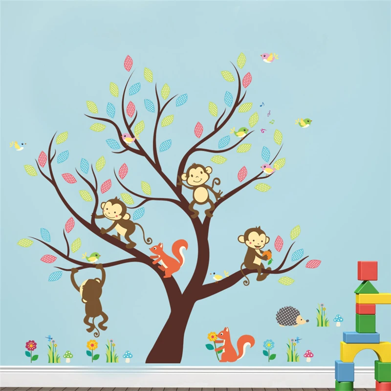 Фото Милые наклейки на стену с изображением обезьяны белки птиц большого дерева для