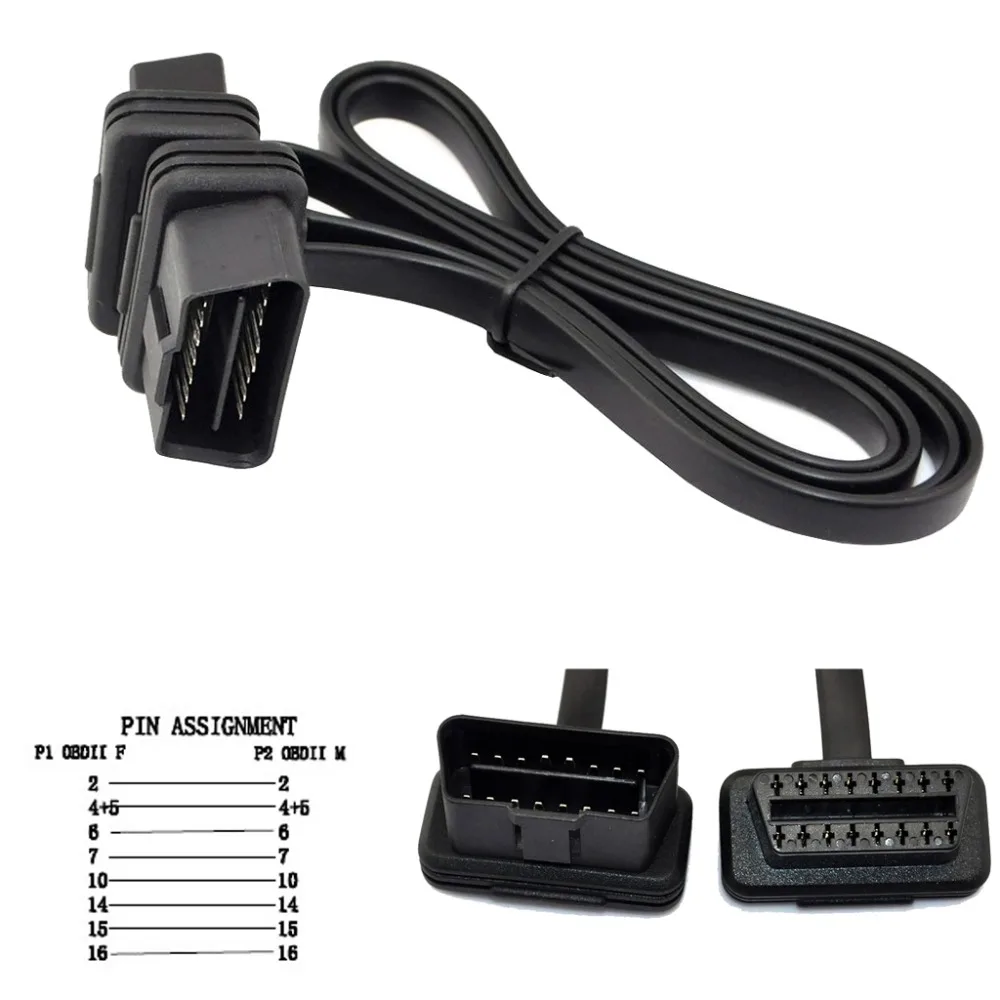 Плоский тонкий как лапша OBDII OBD2 16Pin ELM327 мужчина к женскому локоть расширение OBD 2