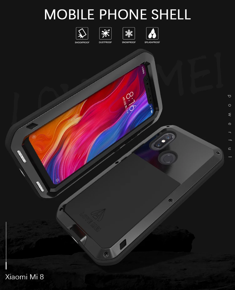 LOVE MEI металлический защитный чехол для Xiaomi Mi 8 противоударный пылезащитный водонепроницаемый чехол для телефона для Xiaomi Mi 8 с закаленным стеклом