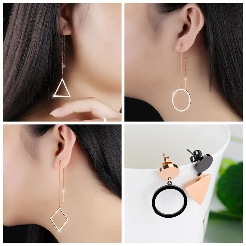 Круглые треугольные серьги в Корейском стиле ассиметричные из титановой стали с