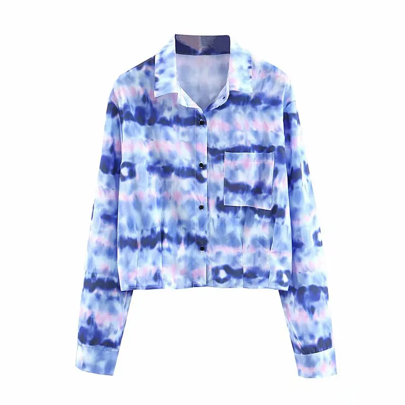 2019 весна za Женская froal печать крашение женские блузки с принтом blusa короткие