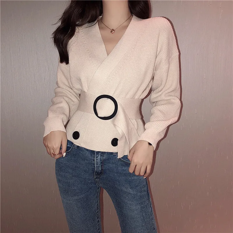 Elegant Sashes Slim Waist Sweater Cardigan Women V-neck Double Breasted Knitted Open Stitch Casual Jumper Autumn 2018 |