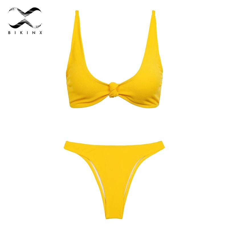Женский купальник Bikinx с глубоким v-образным вырезом,, желтый бикини, пуш-ап, сексуальный купальник, женские летние стринги, купальный костюм, Ребристое микро бикини - Цвет: 0403-1