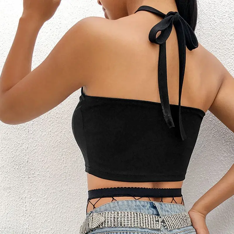 Черные укороченные топы на бретельках без рукавов с принтом ангела женские