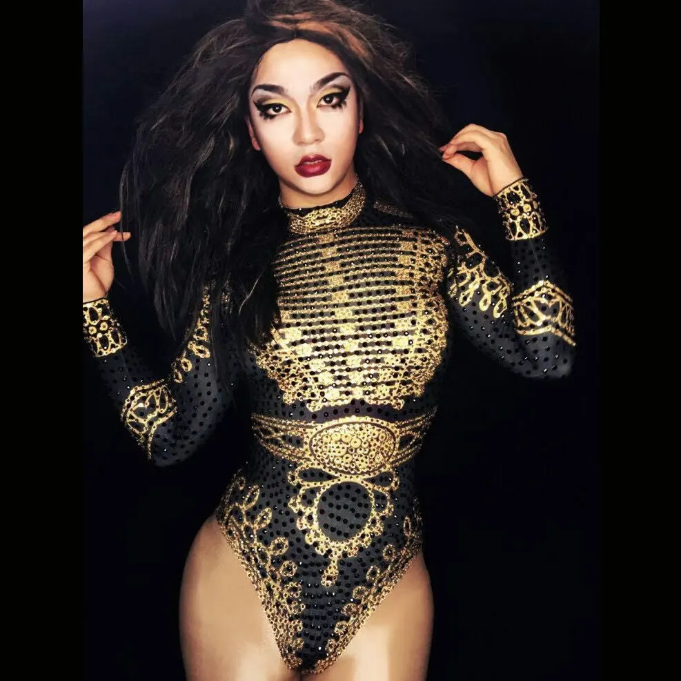 

Женский комбидресс с кристаллами Glisten, черный/золотой костюм с длинными рукавами для выступлений на сцене, ночных клубов