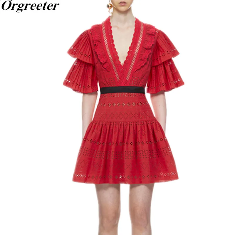 Женское кружевное платье Orgreeter Осеннее красное/белое с коротким рукавом и