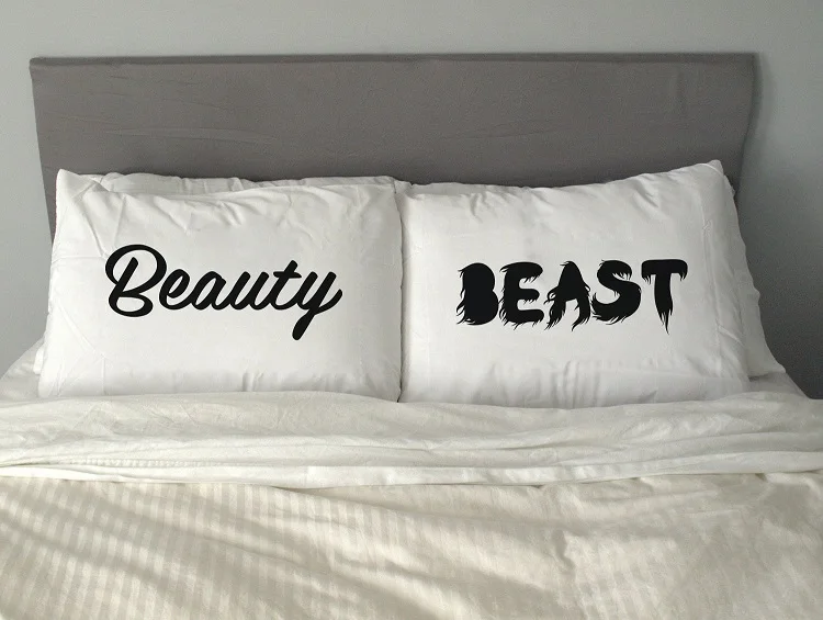 Quirky Funny Beauty and Beast Pillowcase Set Pillow Case Pillowcases Custom Fun Wedding Valentine Gift White Cyan Pink Orange | Дом и сад