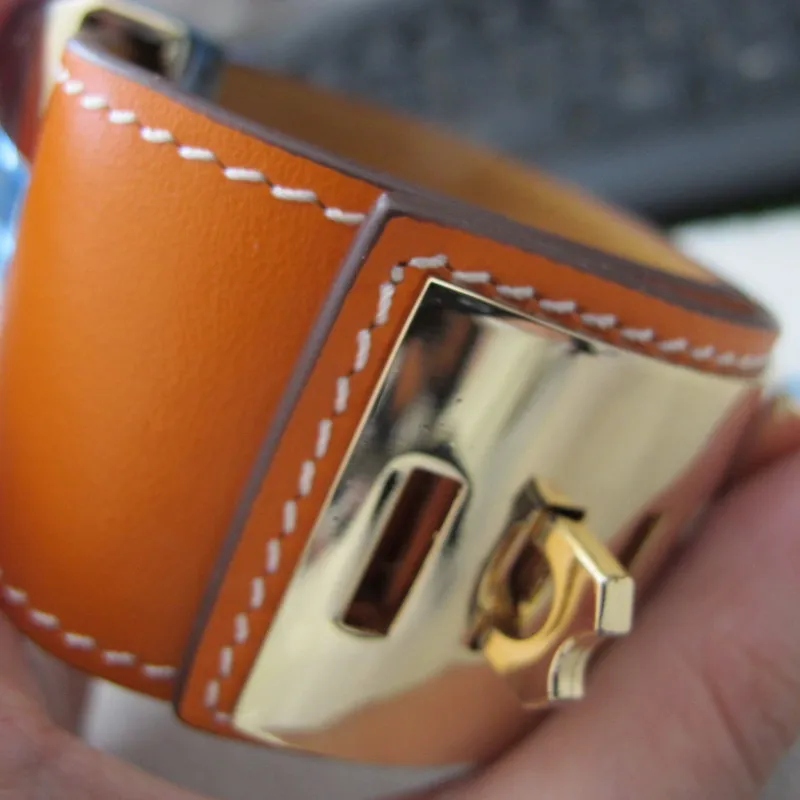 orange smooth Gold Широкий браслет из натуральной телячьей кожи большой 316L нержавеющая сталь фурнитура Панк ювелирные изделия для женщин - Окраска металла: orange smooth Gold