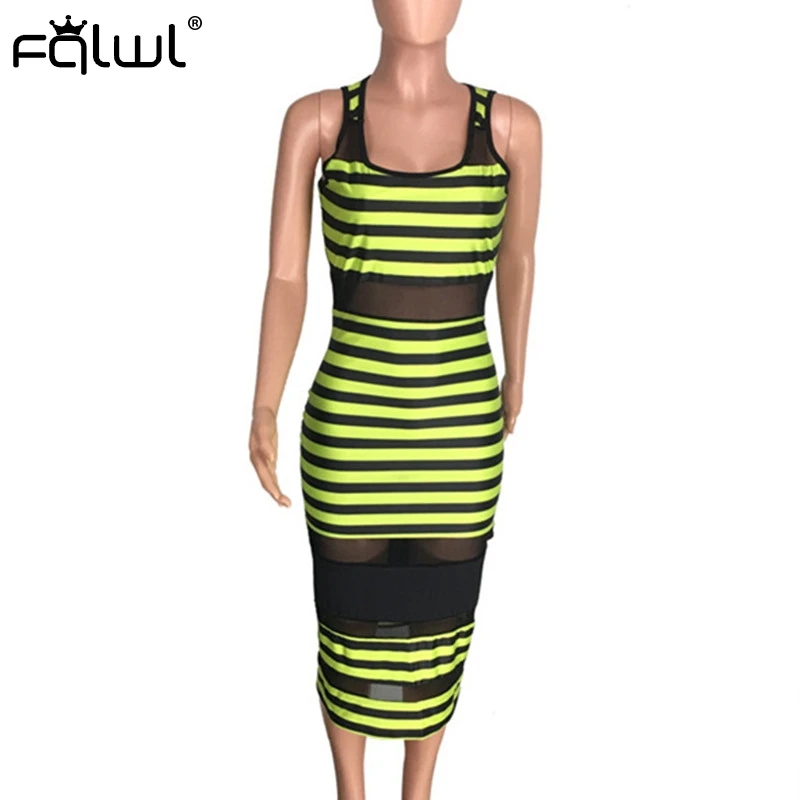 Женское Сетчатое платье в зеленую полоску FQLWL летнее облегающее прозрачное Макси