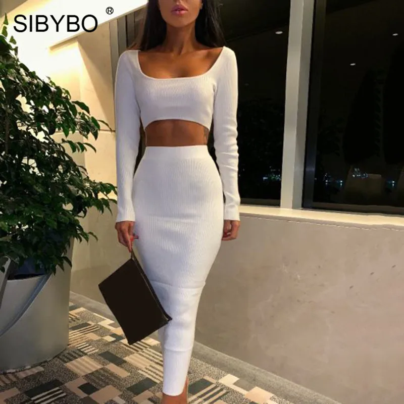 Sibybo, Ребристое, с длинным рукавом, сексуальное, из двух частей, платье, квадратный воротник, высокая талия, повседневное, облегающее, одноцветное, Клубные, вечерние, женское платье