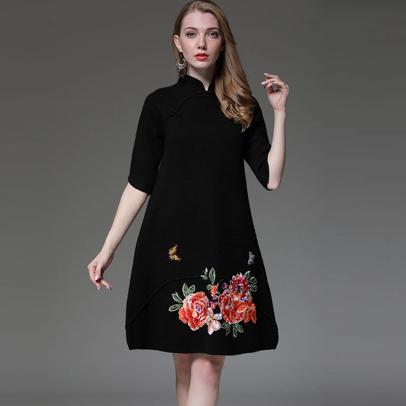 Высокая-конец осень и зимнее платье Винтаж Вышивка свободные черное элегантные