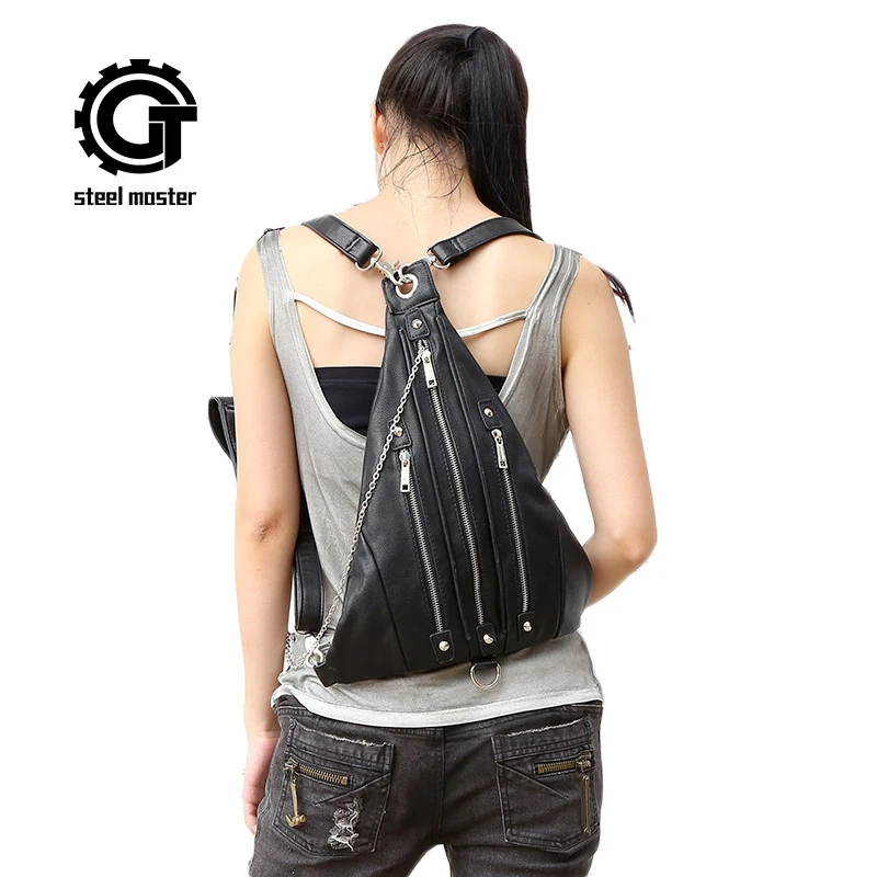 

gothic steampunk visual rock triangle backpack vintage fashion man women unisex black metal zipper head fun 4 ways carry bag