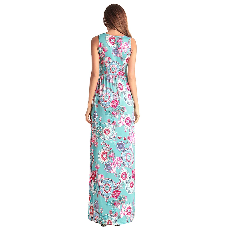 Ruiyige 2018 Women Sexy Tank Maxi Dress Summer Ethnic Floral Print Dresses Casual Pockets Sleeveless Vestidos Long Beach Robes | Женская