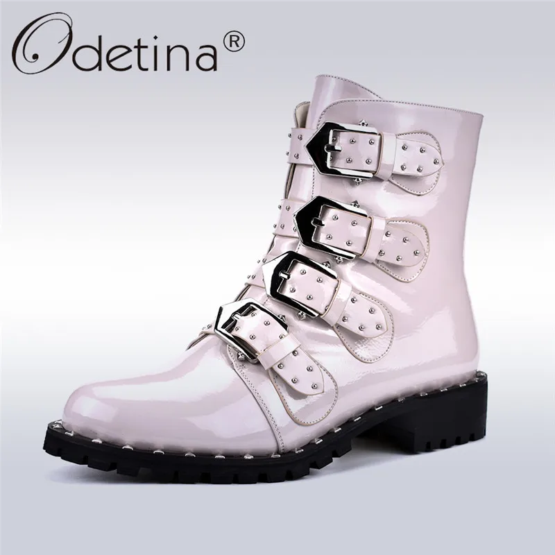 Odetina/осенне зимние ботинки в стиле панк из лакированной кожи женские модные с