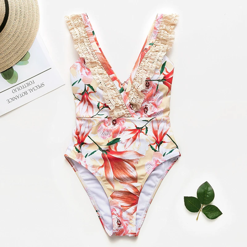 Многоцветный Bikinx, летняя пляжная одежда, купальник с глубоким вырезом для женщин,, плюс размер, купальники для женщин, цельные костюмы с оборками, цветочный принт, бикини, XL, Новинка - Цвет: Многоцветный
