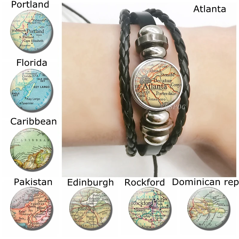 

Portland Map Black Beather Bracelet , Handmade Glass Cabochon Florida Caribbean Pakistan World Map Braceletet Fashion Jewelry