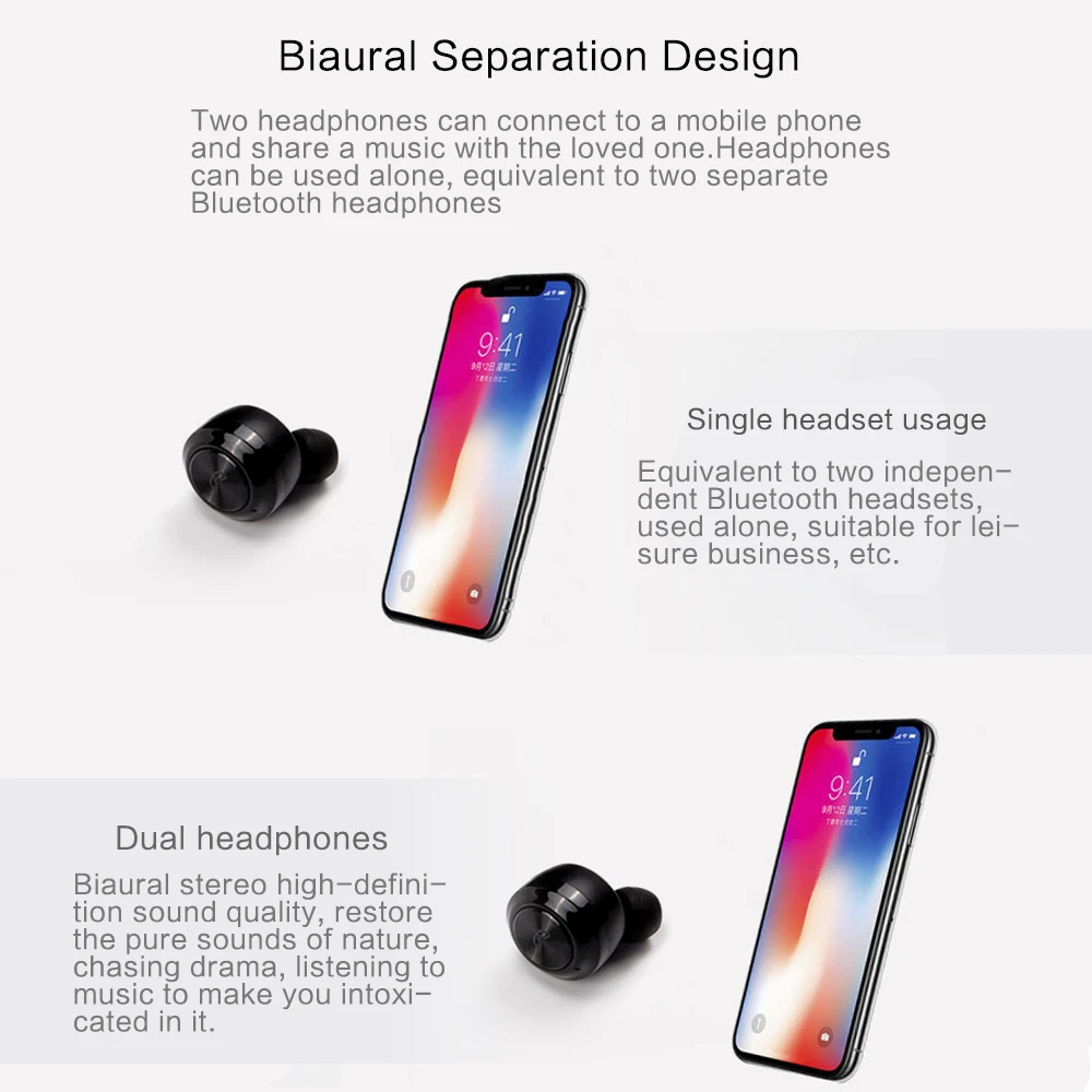 TWS HIFI Wireless Bluetooth Earphone V5.0 4D Stereo Waterproof Mini In-Ear Headset with Mic for All Smart Phone | Электроника