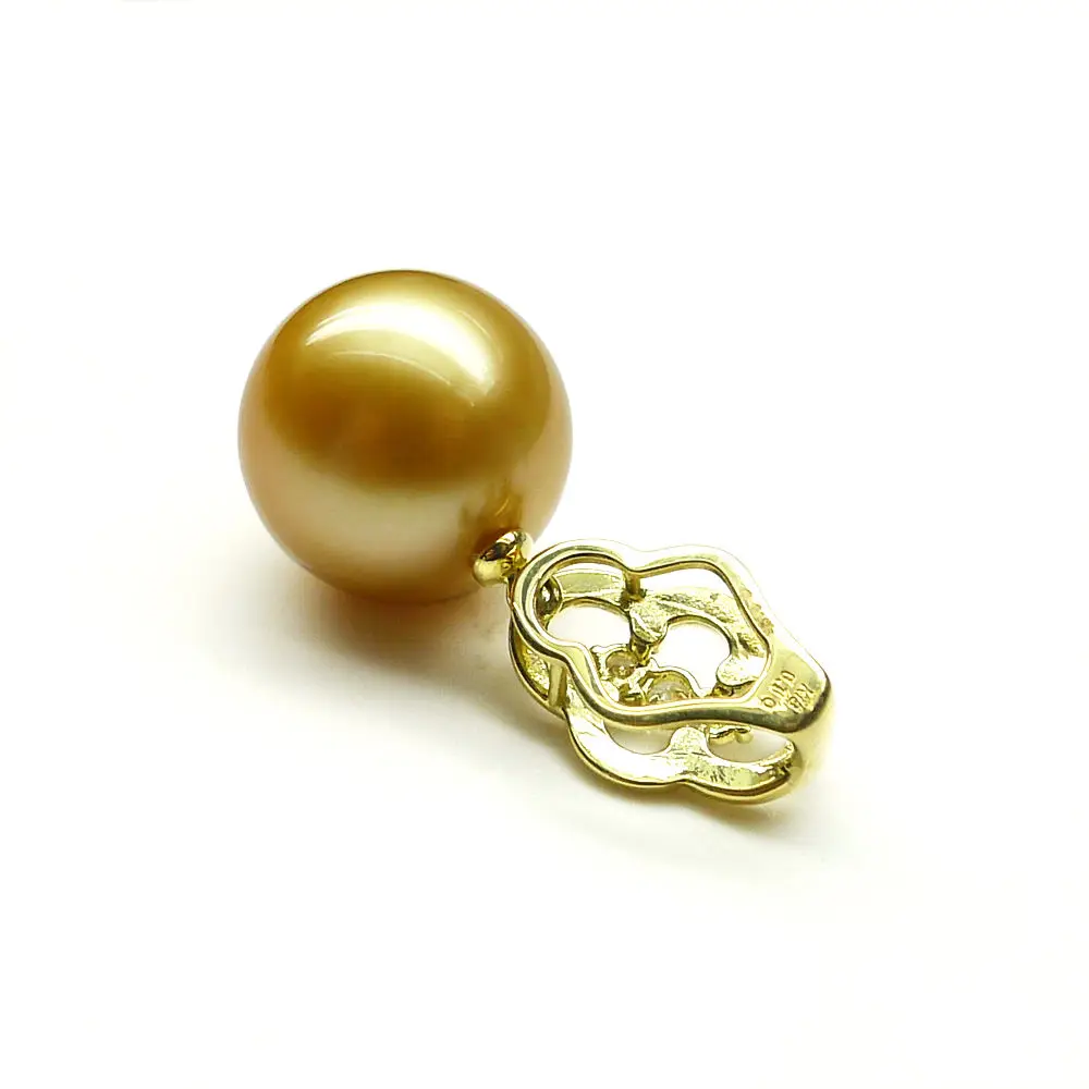 Free Shipping AAA 13.3mm Round Real South Sea Golden Pearl Diamond Pendant 18k Yellow Gold | Украшения и аксессуары