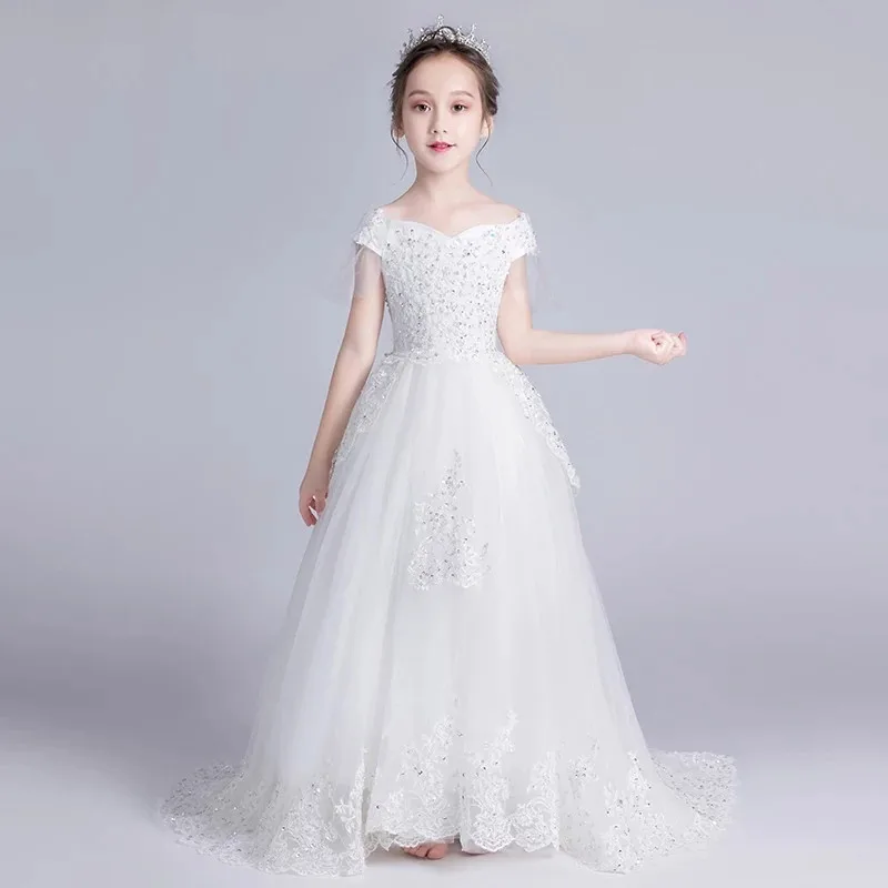 

2021 детское белое платье подружки невесты, свадебное Пышное Тюлевое платье для выпускного вечера, вечернее праздничное платье для девочек н...