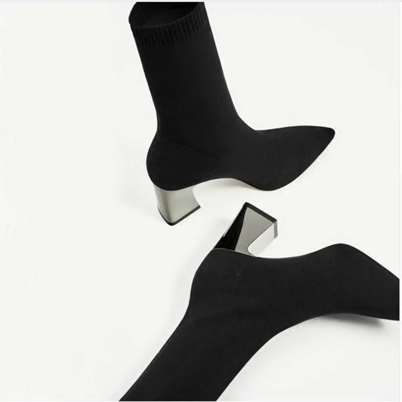 Dropshipping Fashion Ankle Elastic Sock Boots Chunky High Heels Stretch Women Autumn Sexy Booties Pointed Toe Pump Size | Обувь