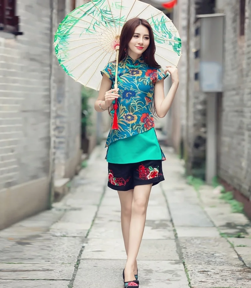 Шанхай Тан одежда женский китайский Cheongsam топы для женщин Лето ретро винтажная рубашка цветочные Женские китайские Топы TA1464