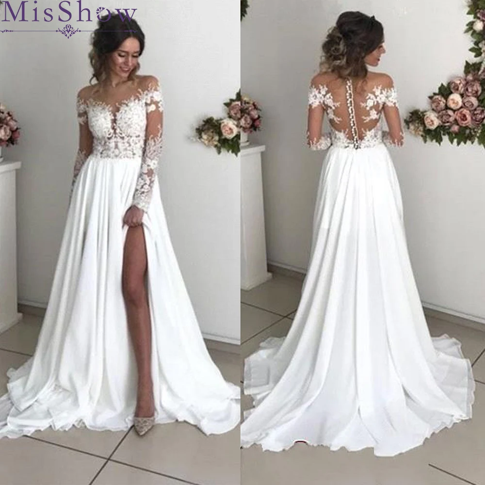 

Chiffon Wedding Dresses Beach Robe Mariage Vintage Lace Top Elegant Women Ivory Bridal Dress Long Sleeves Side Split