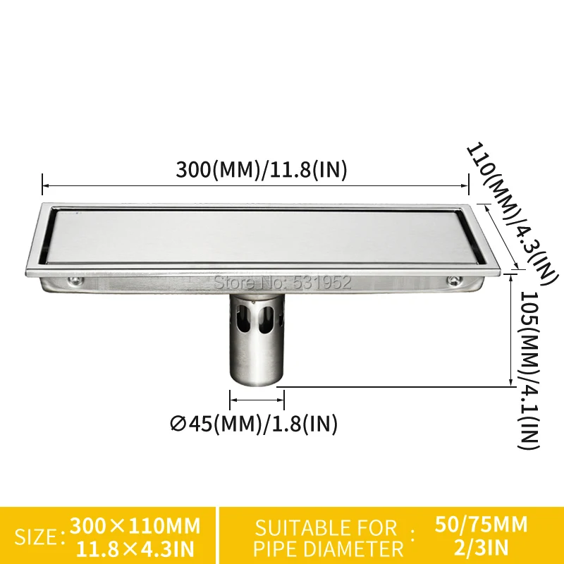 300 x 110mm floor drain 304 solid stainless steel anti odor bathroom invisible shower floor drain deodorization free shipping free global shipping