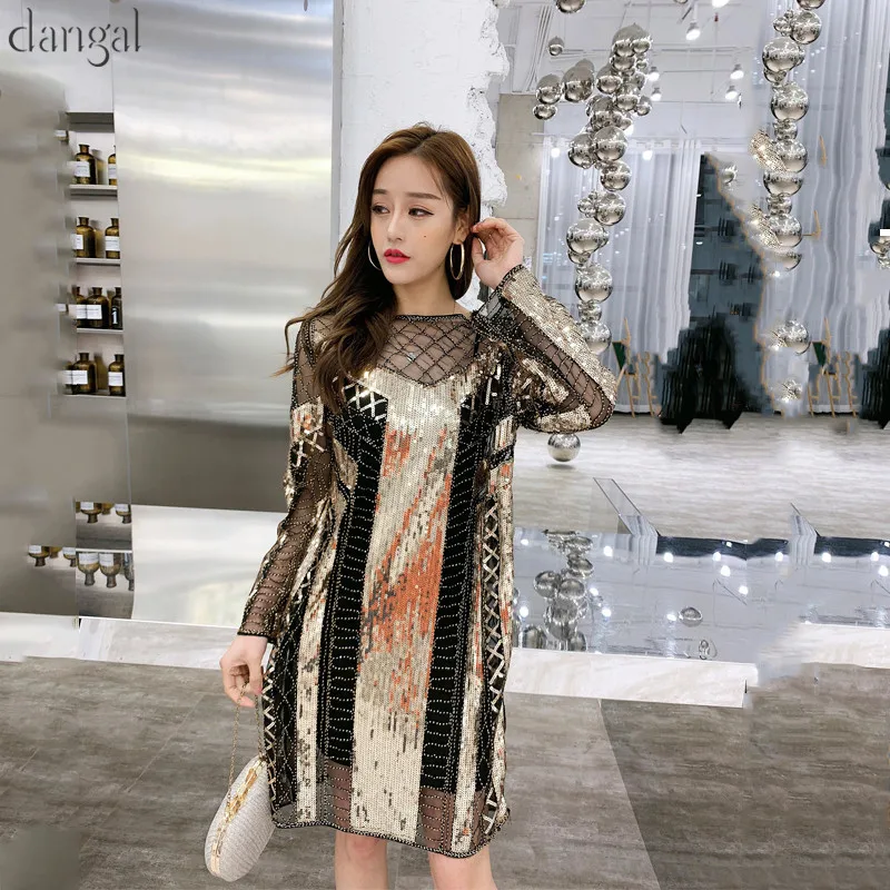 Женское платье с блестками Dangal вечернее в стиле хип хоп О образным вырезом и