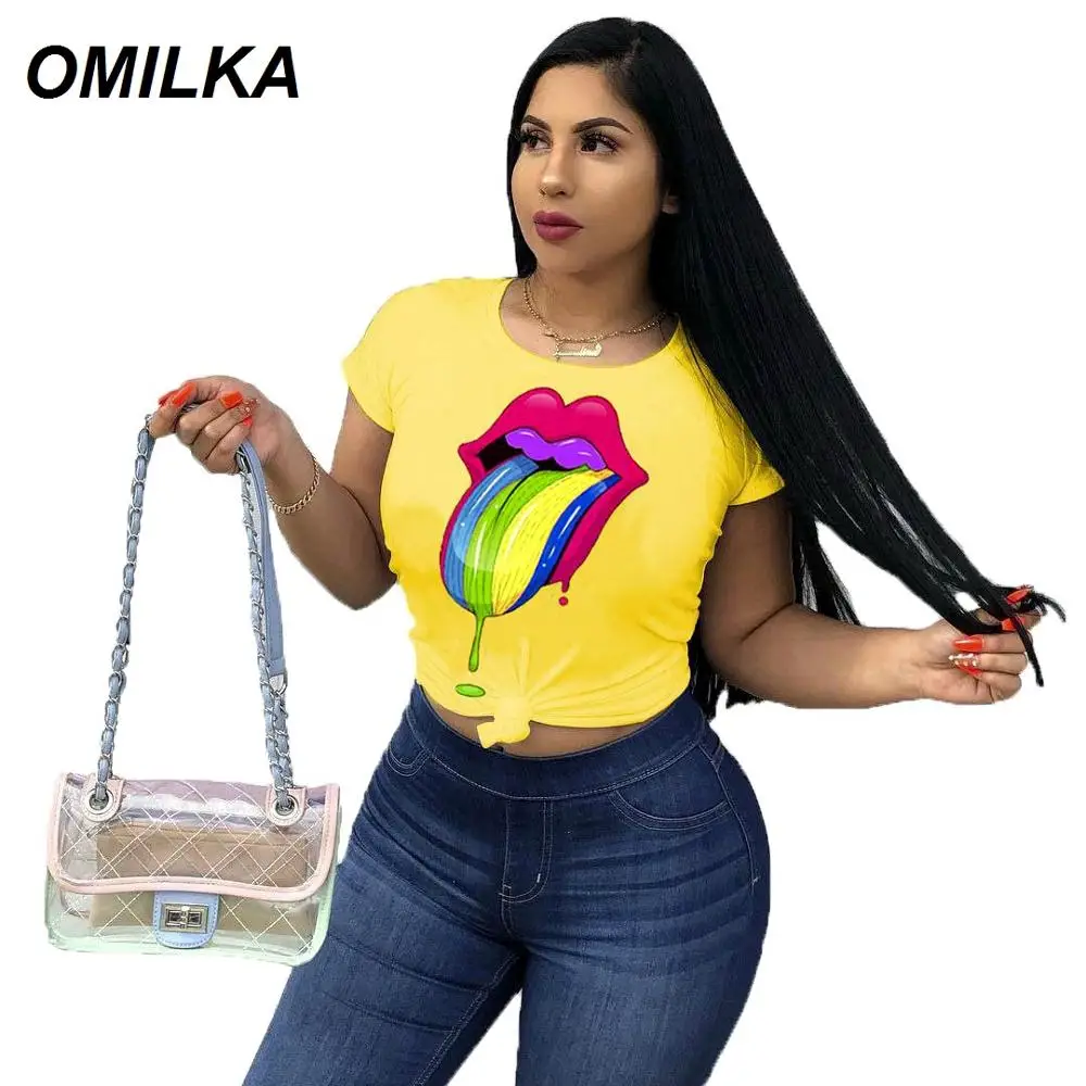 

Женская футболка с принтом губ OMILKA, белая, черная, синяя Повседневная футболка с коротким рукавом и круглым вырезом в стиле хип-хоп, лето 2019