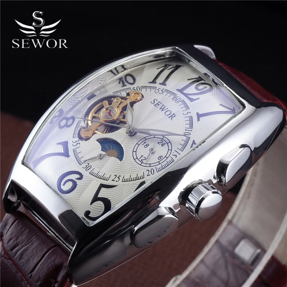 Sewor Relogio Masculino Лимитированная серия Tonneau с кожаным ремешком автоматические самоветер фаза Луны Мужские Турбийон Механические часы