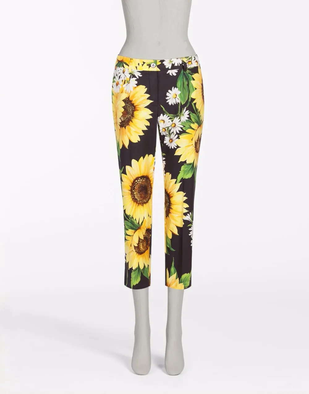 

vintage yellow sunflowers print pants calf length trousers pantalon femme