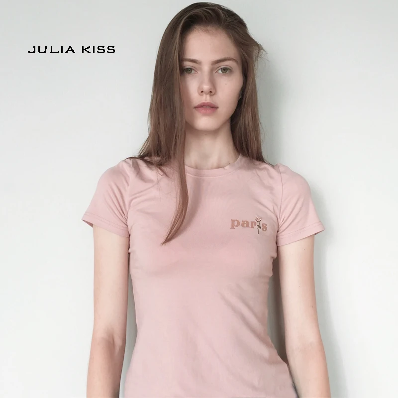 Женская футболка с коротким рукавом и вышивкой в виде роз|short sleeve t-shirt|crew neckpink tee |