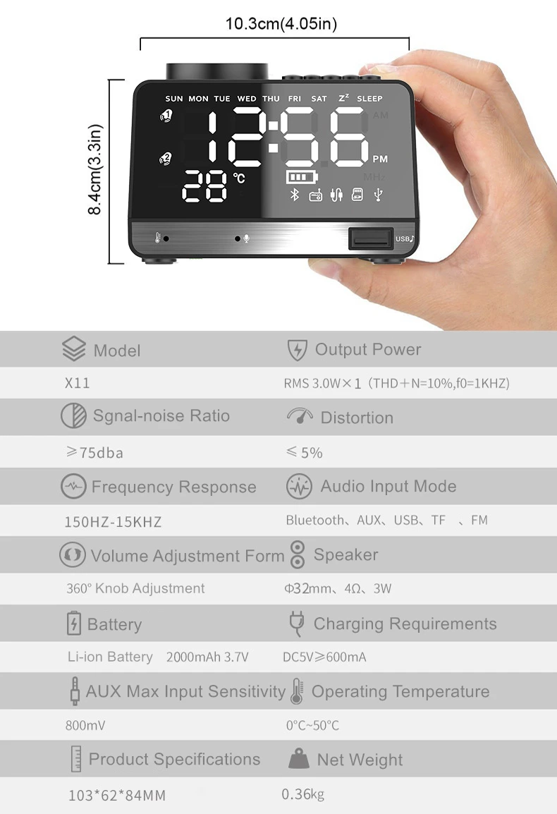 EXRIZU беспроводной Bluetooth динамик настольные часы FM радио зеркало светодиодный сабвуфер TF AUX u-диск музыкальный плеер для сон кровать комнаты