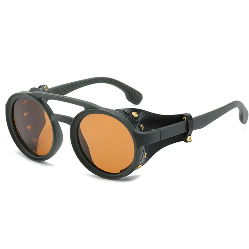 C6 Oulylan Leather Steampunk Sunglasses Polarized Men Round Driving Sun Glasses Women Retro Punk Style Glasses - Цвет линз: C6