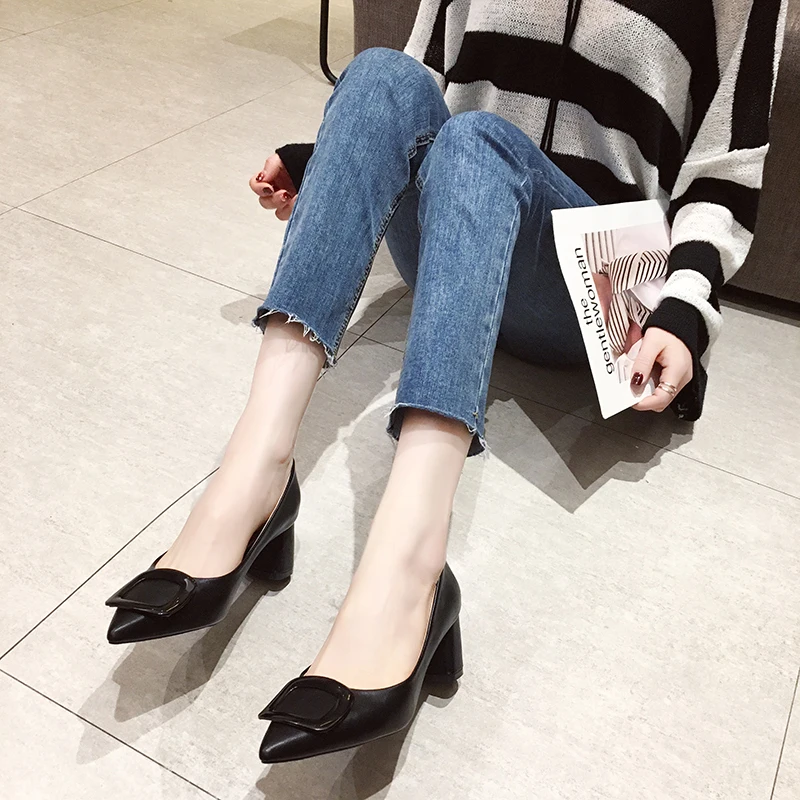 

2019 Female Spring New Women's Shoes High Square Heels Fashion Sexy Suede Single Shoes Party Pointed Toe Handmade temperament