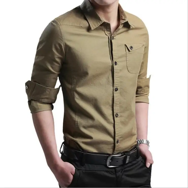 khaki Новые модные повседневные мужские рубашки с длинным рукавом с отложным воротником, приталенная Мужская рубашка, Корейская деловая Мужская одежда, M-4XL - Цвет: khaki