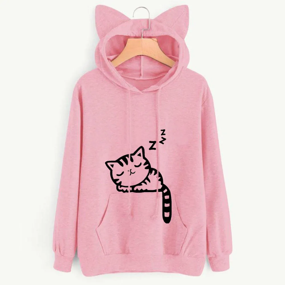 Harajuku Women Hoodies Sweatshirt Kawaii Winter Cat Pattern Long Sleeve Hooded Sweatshirts Ear Hooed Mujer