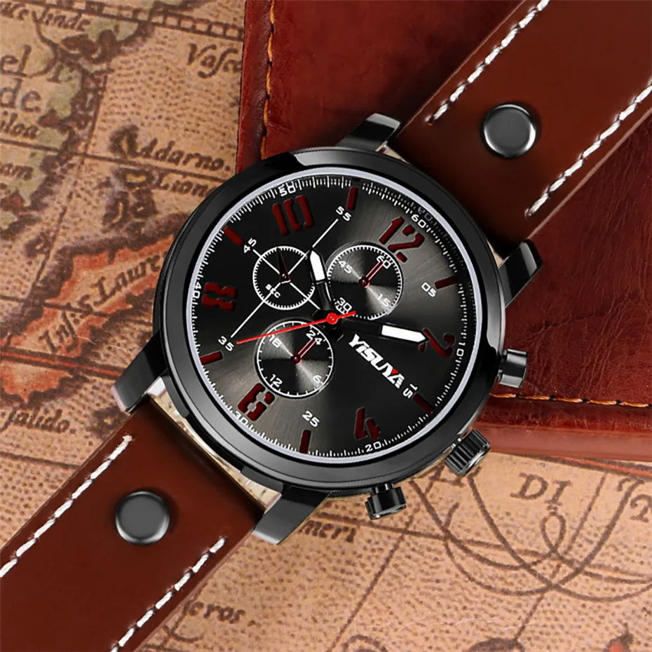 

YISUYA Top Brand Chronograph Watch Men Genuine Leather Band Sport Men's Watches Date/Week Display Man Clock Hour Gifts for Male